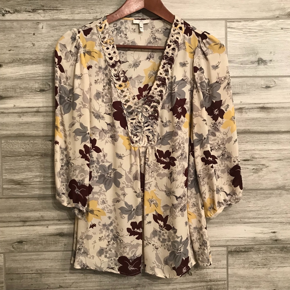 Joie Ecru Floral Braided V Neck ¾ Sleeve Blouse XS